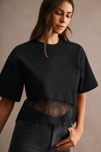 Load image into Gallery viewer, Cotton Contrast Lace Trim Short Sleeve Cropped T-Shirt