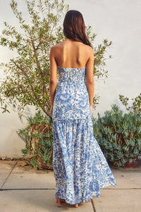 Porcelain Paisley Strapless Drop Waist Maxi Dress