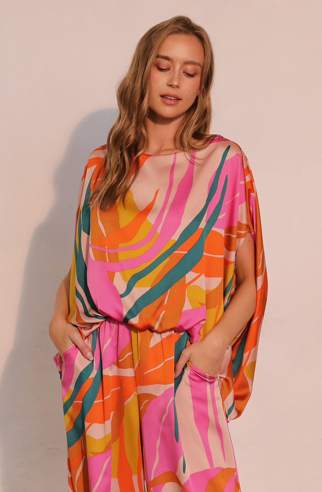 Isla Tropical Satin Boat Neck Caftan Top