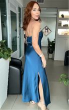 Load image into Gallery viewer, Teal Strapless Bias Cut Maxi Dress
