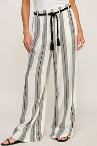 Black White Striped Belt Detail Pants