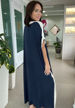 Load image into Gallery viewer, Navy Silk Contrast Band Caftan Dress
