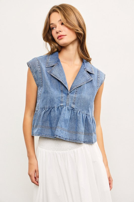 Notched Collar Babydoll Denim Top