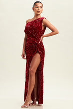 Load image into Gallery viewer, Velvet Sequin Drape Maxi Dress
