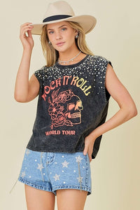 Pearl and Rhinestone Trim Graphic Top