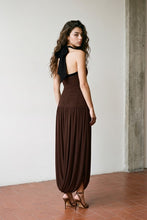 Load image into Gallery viewer, Stretch Ruched Halter Maxi Dress With Draped Hem
