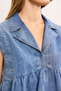 Notched Collar Babydoll Denim Top