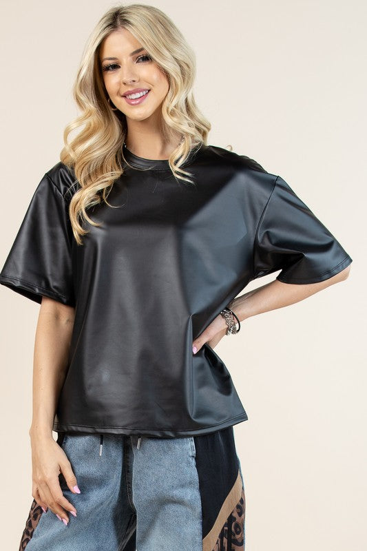 Faux Leather Oversize Short Tee