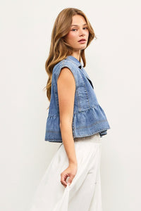 Notched Collar Babydoll Denim Top