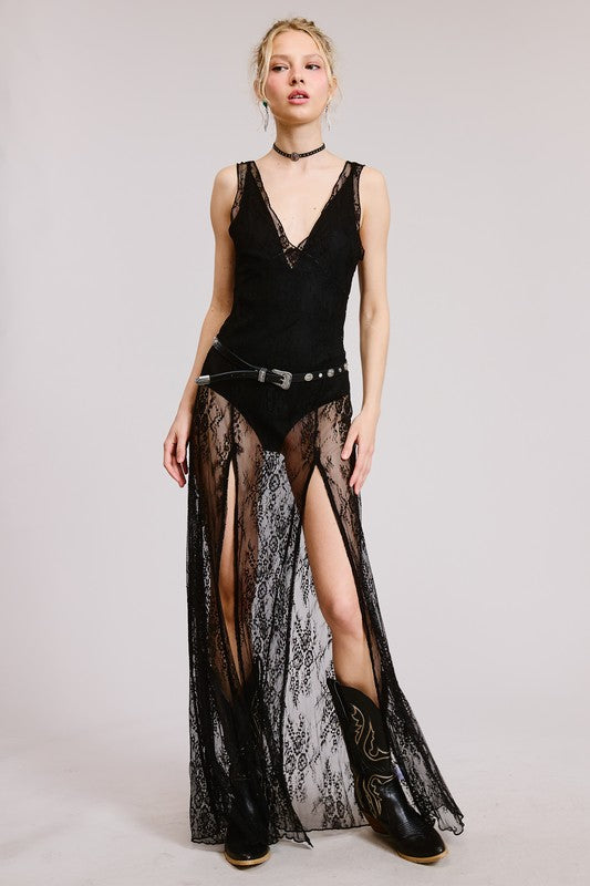 sheer dress with bodysuit ASOS DESIGN long sleeve maxi lace panel godets and in black elegant silhouette for evening Women's Sheer Mesh Long Sleeve