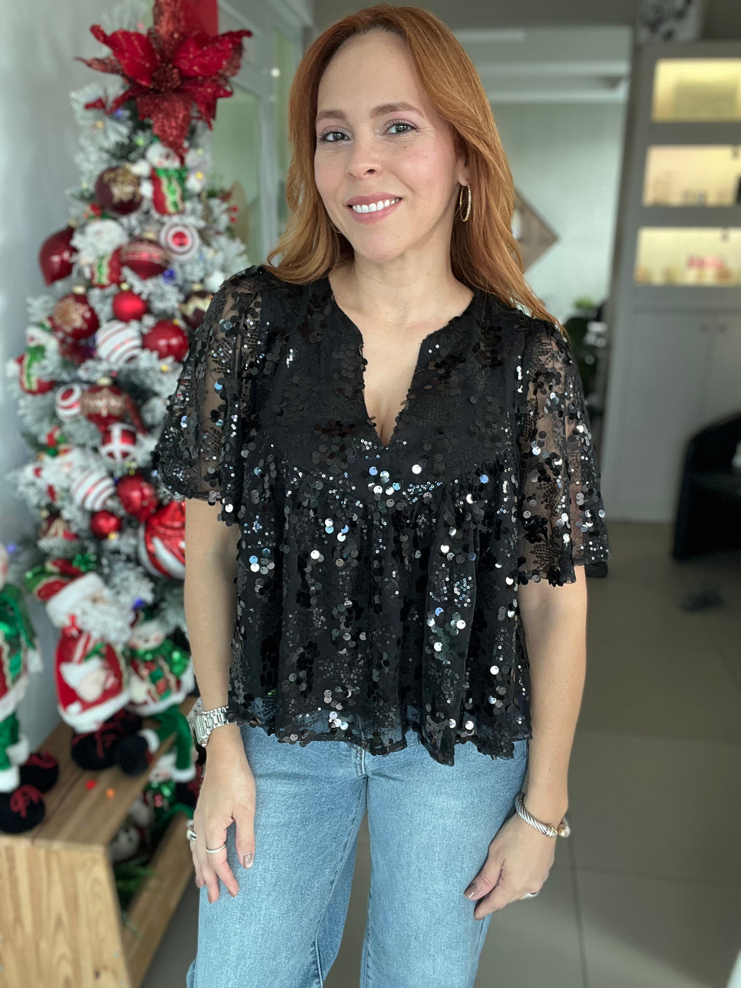 Short Sleeve Deep V Neck Sequin Top
