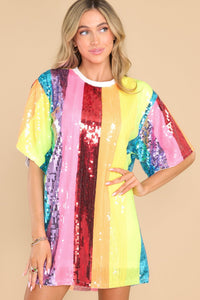 Rainbow Color Block Sequin Tunic Dress