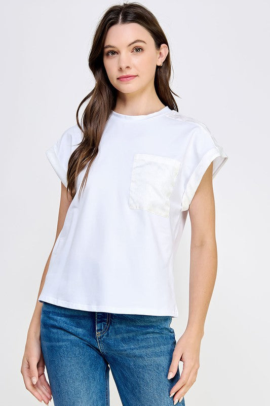 Cuffed Sleeve Mixed Fabric Pocket Tee