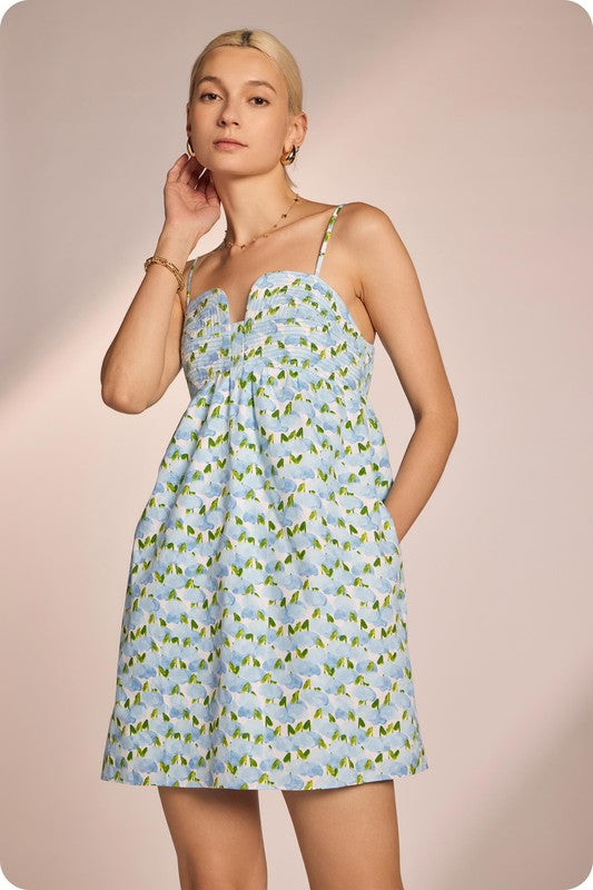 Top Stitch Floral Print Mini Dress