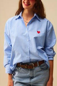 Blue Stripe Shirt With Red Heart Embroidery