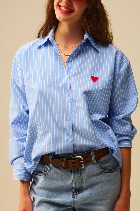 Blue Stripe Shirt With Red Heart Embroidery