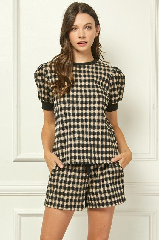 Checker Knit Puff Sleeve Top & Drawstring Short Set