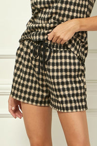 Checker Knit Puff Sleeve Top & Drawstring Short Set