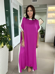 Magenta Silk Contrast Band Caftan Dress