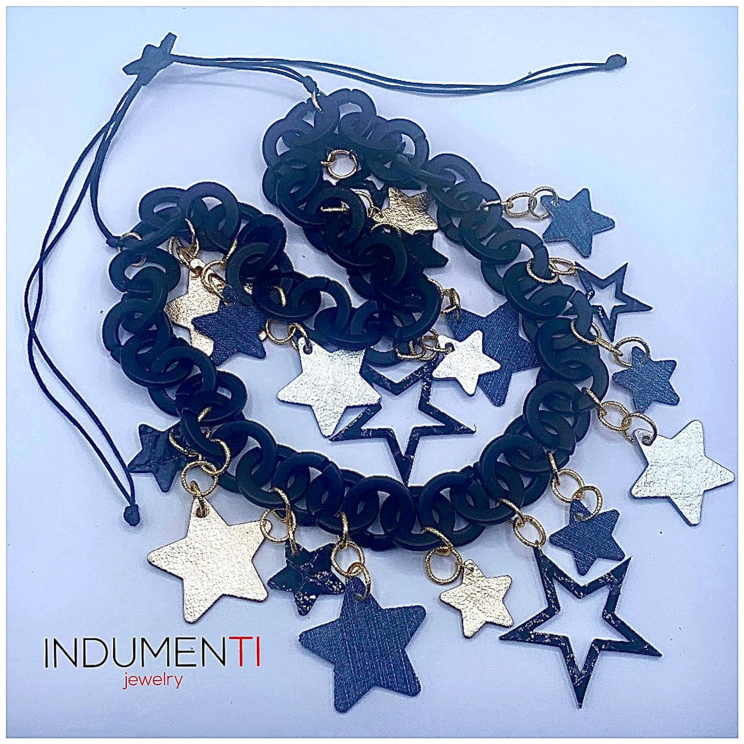 Black Acrylic Chain and Denim Leather Stars Necklace