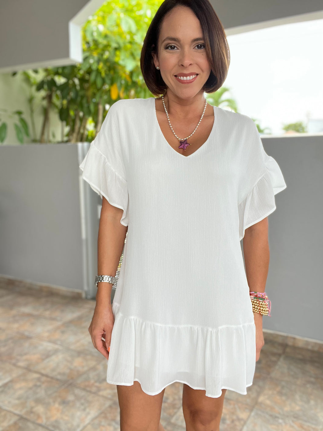 Crinkle Solid Ruffle Tunic Dress